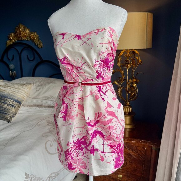Alexia Admor 100% Silk White with Pink Floral Splatter Design Mini Party Dress - Picture 3 of 15